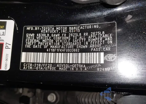 2015 Toyota Camry Se z USA, uszkodzony, nr VIN 4T1BF1FK4FU933662